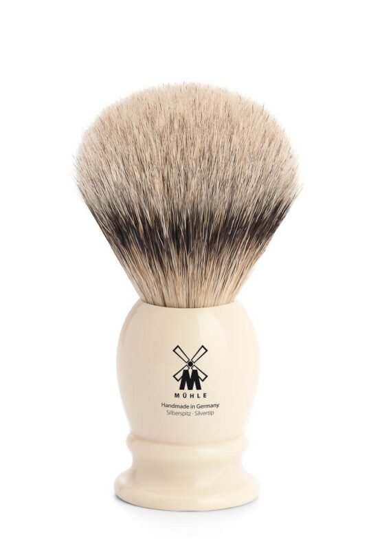 Mühle klasikinis skutimosi šepetėlis, dramblio kaulo spalvos, silvertip + dovana!