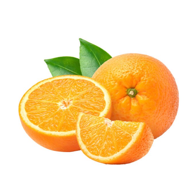 Orange,With,Cut,In,Half,And,Green,Leaves,Isolated,On